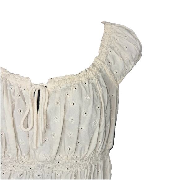 Ivory Eyelet Cotton Off Shoulder Puff Sleeve Babydoll Ruched Peasant Tunic Boho - Picture 2 of 9